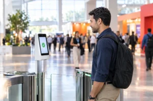 Visitante olha para o terminal de reconhecimento facial na entrada de uma feira de negócios
